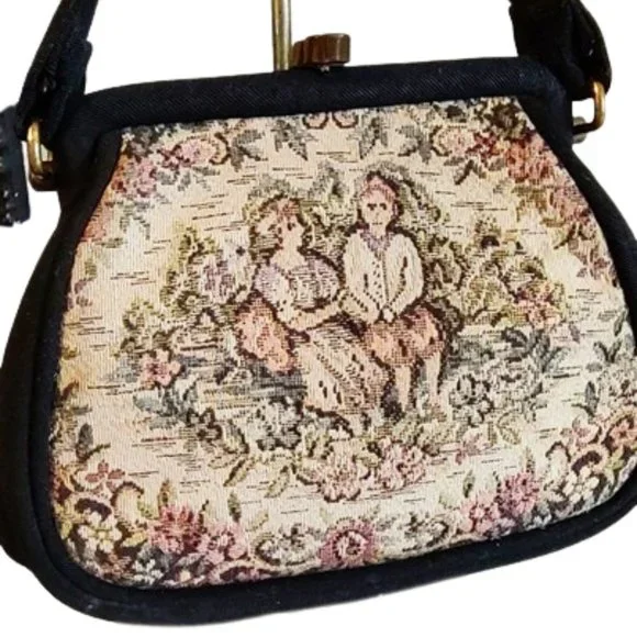 1950s Vintage Small Black Fabric And Tapestrty Scenic Handbag Top Handle Purse - Picture 4 of 8